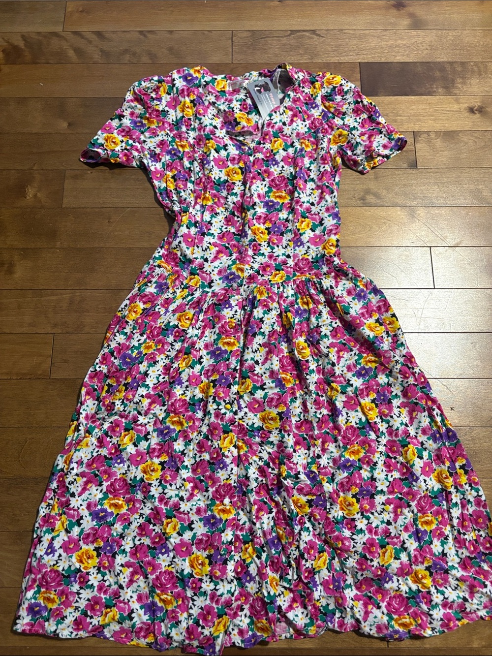 Vintage Floral Pink & Yellow Midi Dress with Pockets!